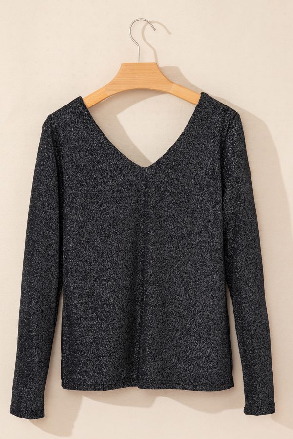 Black Metallic Bowknot Open Back V Neck Top - Image 5