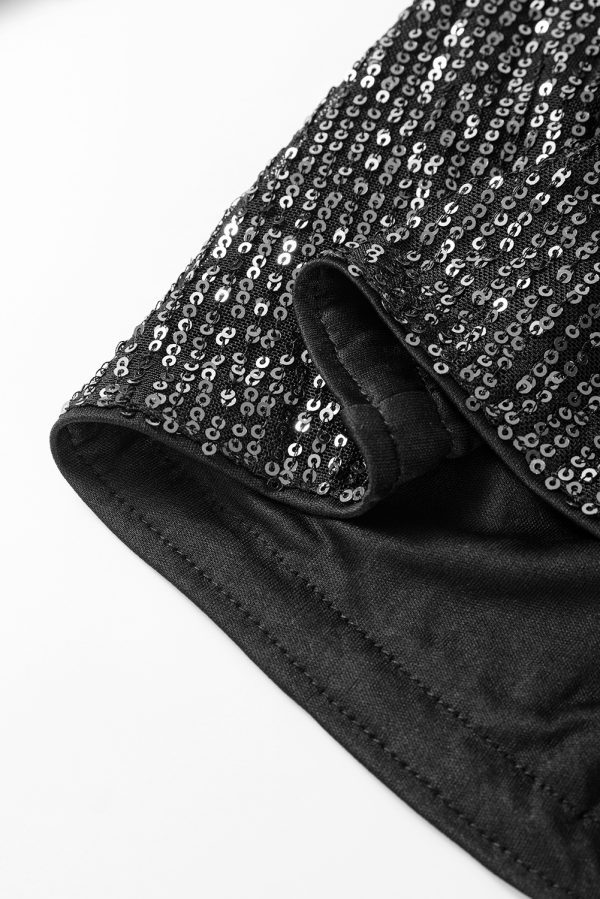 Black Sequined V Neck Wrapped Long Sleeve Romper - Image 8