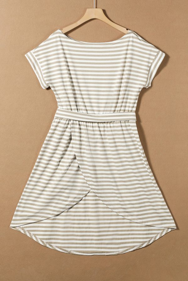 Khaki Stripe Short Sleeve Belted Wrapped Hemline T-Shirt Dress - Image 5