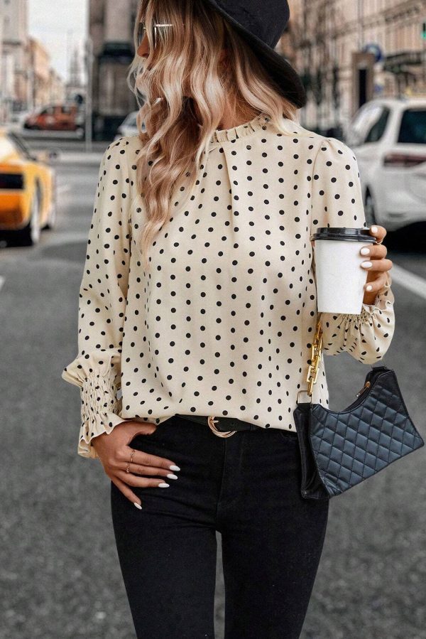Apricot Polka Dot Print Frilled Collar Lantern Sleeve Blouse - Image 6