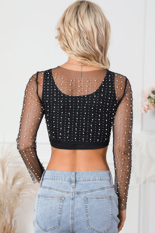 Black Pearl and Rhinestone Detail Sheer Mesh Top - Image 2