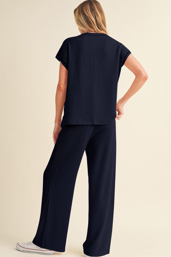 Navy Blue Solid Color Corded Short Sleeve Top and Casual Pants Set - Image 2