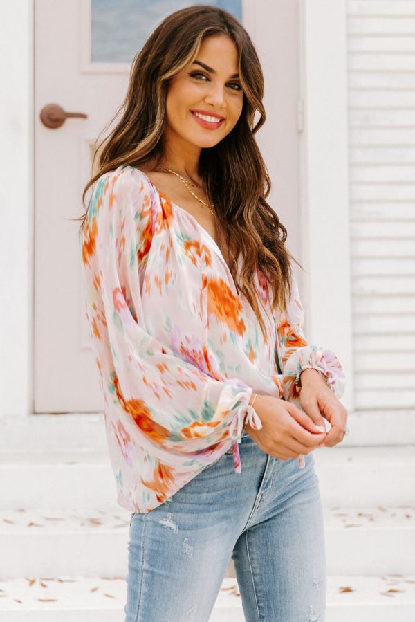 Multicolor Abstract Print Split Neck Puff Sleeve Blouse - Image 3
