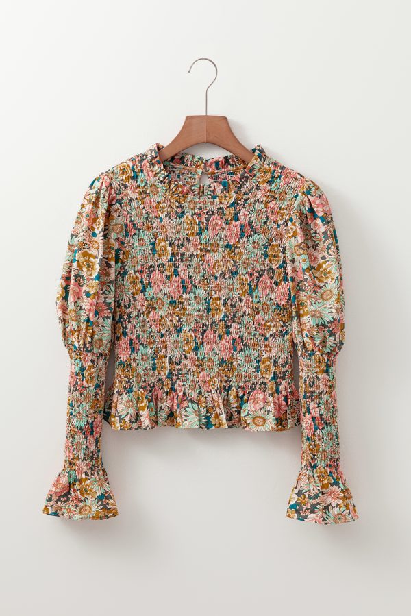 Yellow Floral Print Smocked Bubble Sleeve Ruffled Crop Top - Image 5