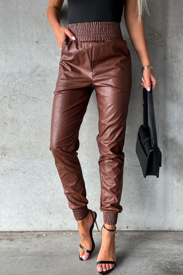 Black Smocked High-Waist Leather Skinny Pants - Image 4