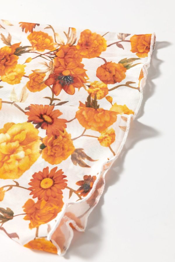 Orange Floral Printed Bell Sleeve Mock Neck Scallop Trim Blouse - Image 9