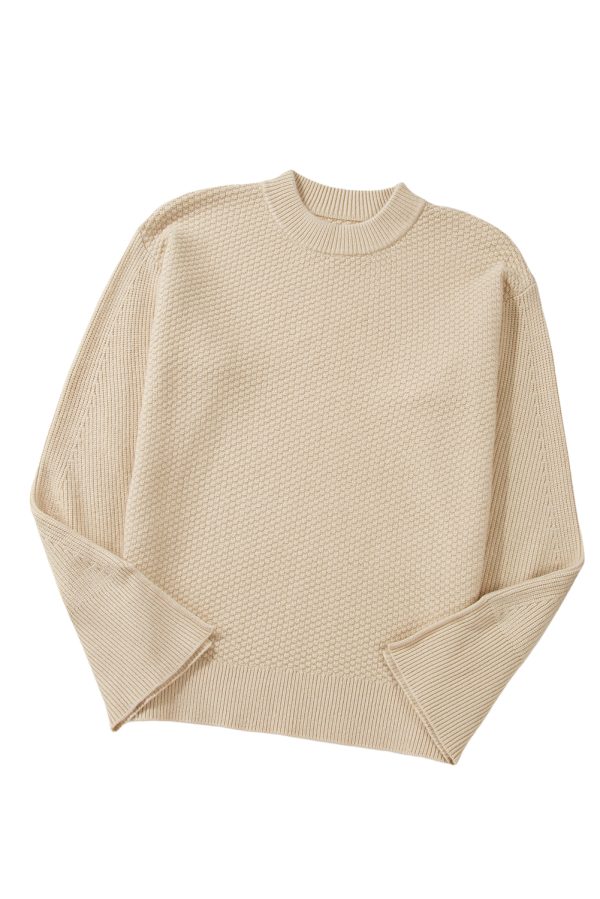 Parchment Solid Textured Knit Split Cuff Drop Shoulder Loose Sweater - Image 8