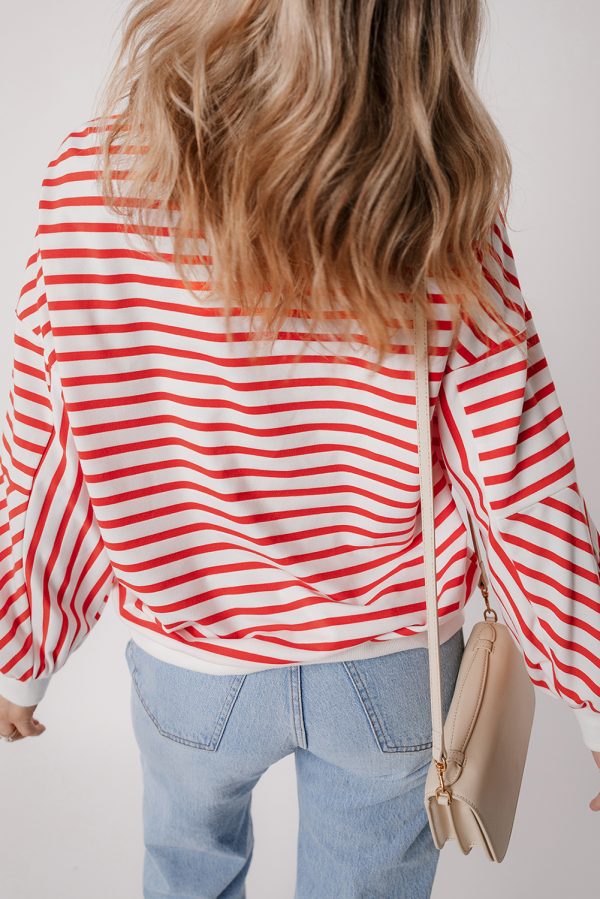 Orange Stripe Drop Shoulder Crew Neck Loose Sweatshirt - Image 2