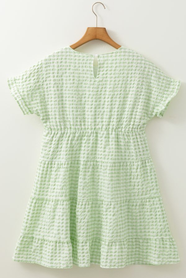 Green Stripe Textured Tiered Short Sleeve Loose Mini Dress - Image 5