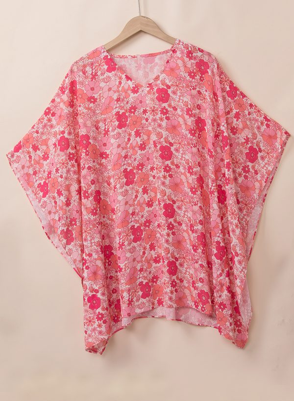 Pink Boho Floral V Neck Kimono Style Blouse - Image 6