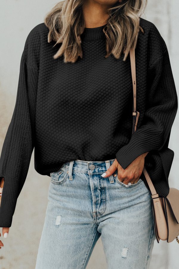 Parchment Solid Textured Knit Split Cuff Drop Shoulder Loose Sweater - Image 10