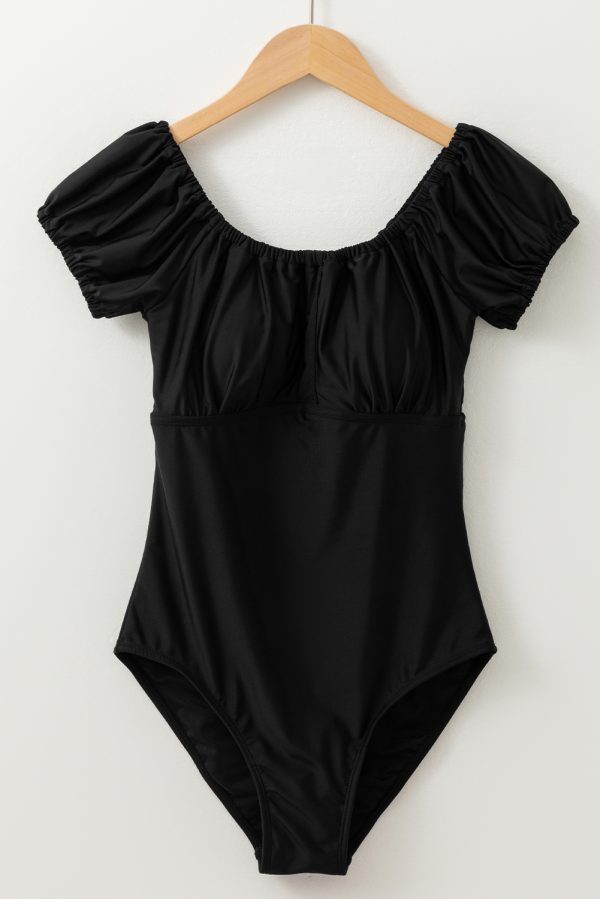 Black Elastic Neckline Short Sleeve One Piece Swimsuit - Image 5