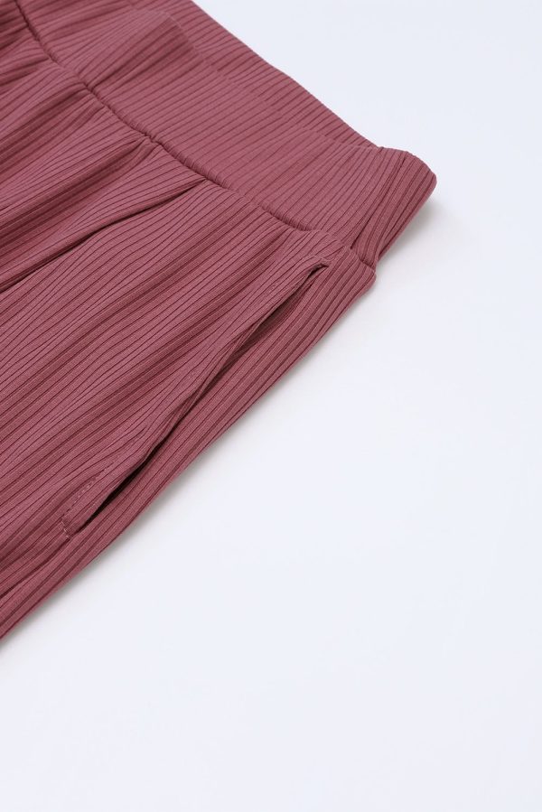 Black Solid Color Ribbed Crop Top Long Pants Set - Image 18