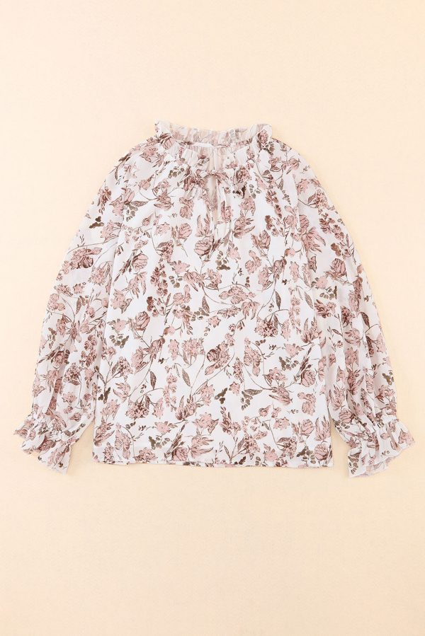 Boho Floral Print Split V Neck Bubble Sleeve Blouse - Image 4