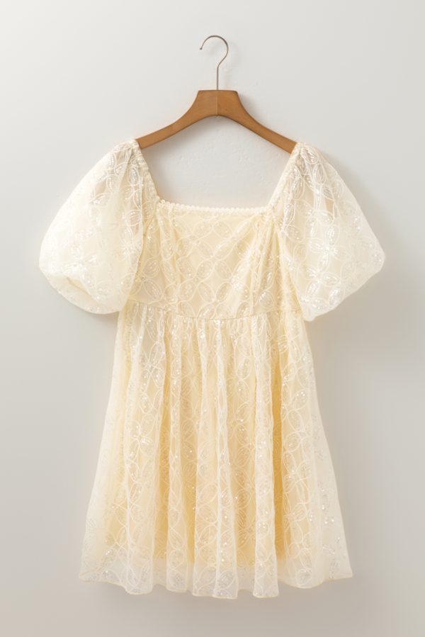 Apricot Sequined Lace Mesh Bubble Sleeve Square Neck Dress - Image 5