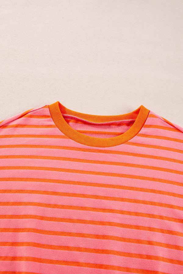 Orange Stripe Drop Shoulder Crew Neck Loose Sweatshirt - Image 23
