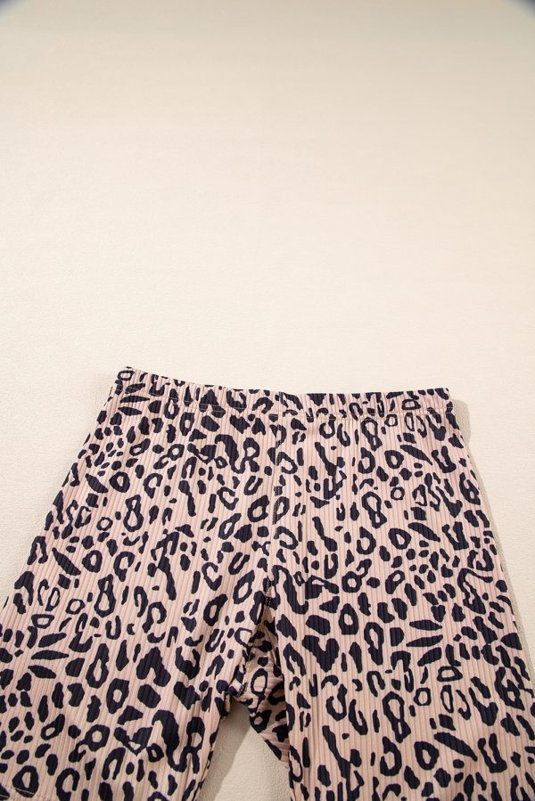 Khaki Leopard Print Ribbed Textured Knit Biker Shorts - Image 5