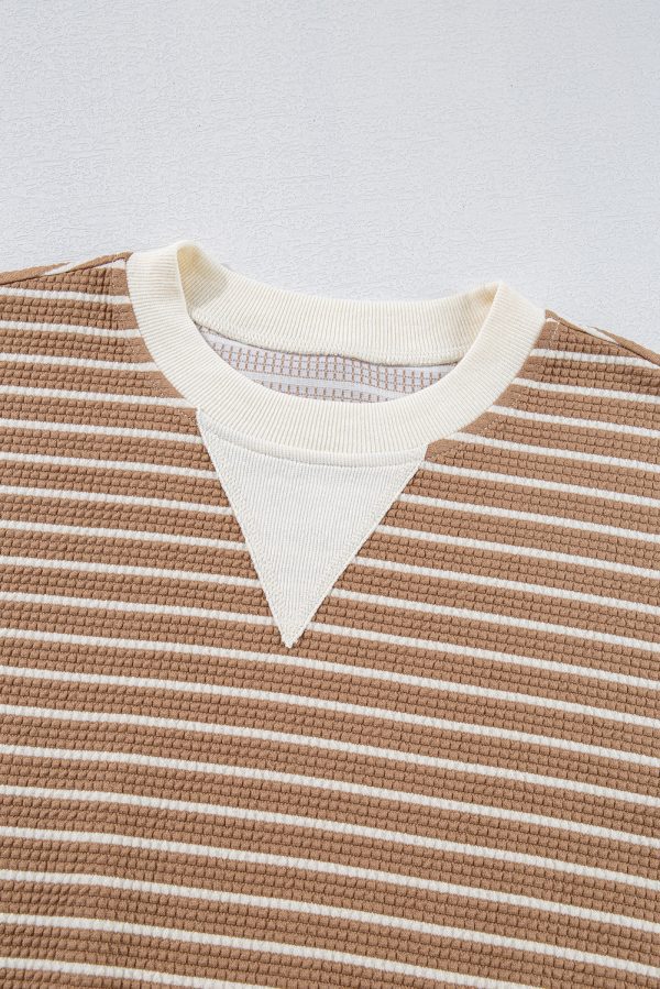 Khaki Stripe Patched Edge Textured Round Neck Long Sleeve Top - Image 10