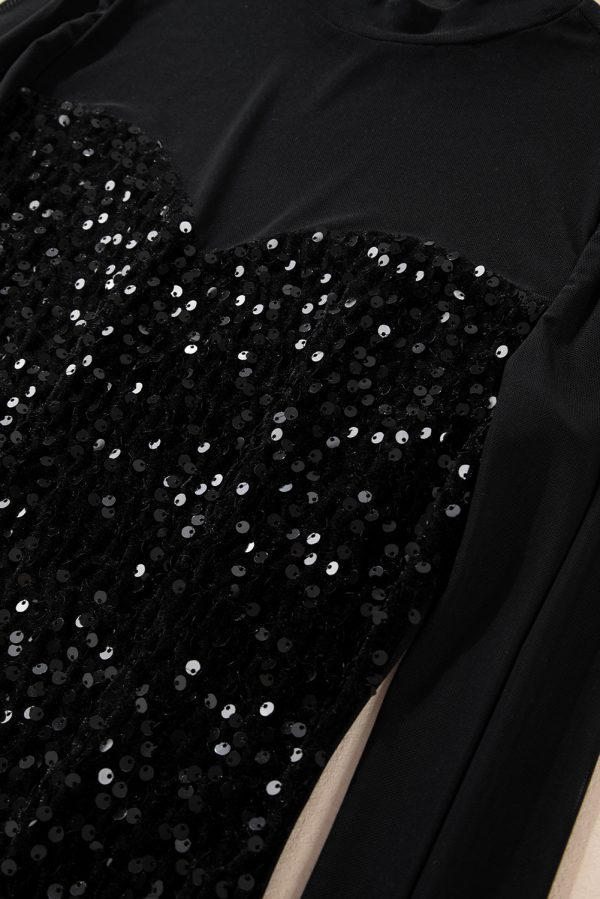 Black Sequin Velvet Sheer Mesh Mock Neck Blouse - Image 10