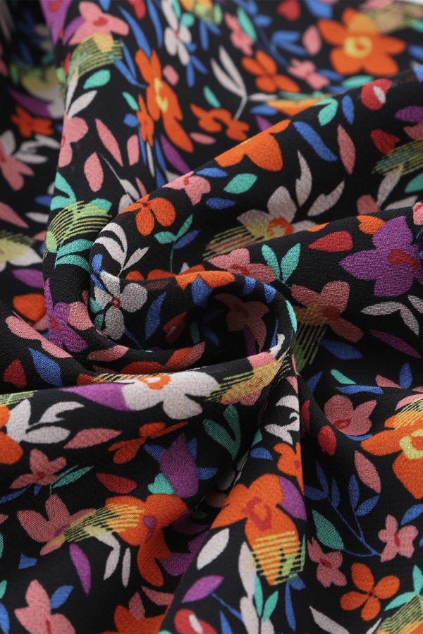Black V Neck Bubble Sleeve Floral Blouse - Image 8