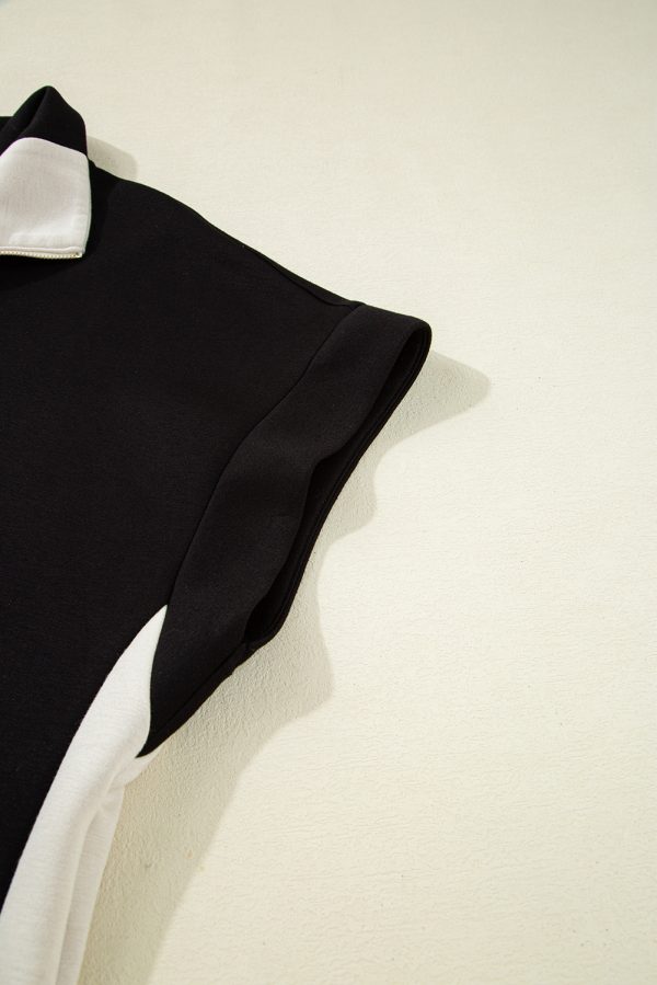 Black Contrast Zipped Stand Collared T Shirt and Short Set - Image 7