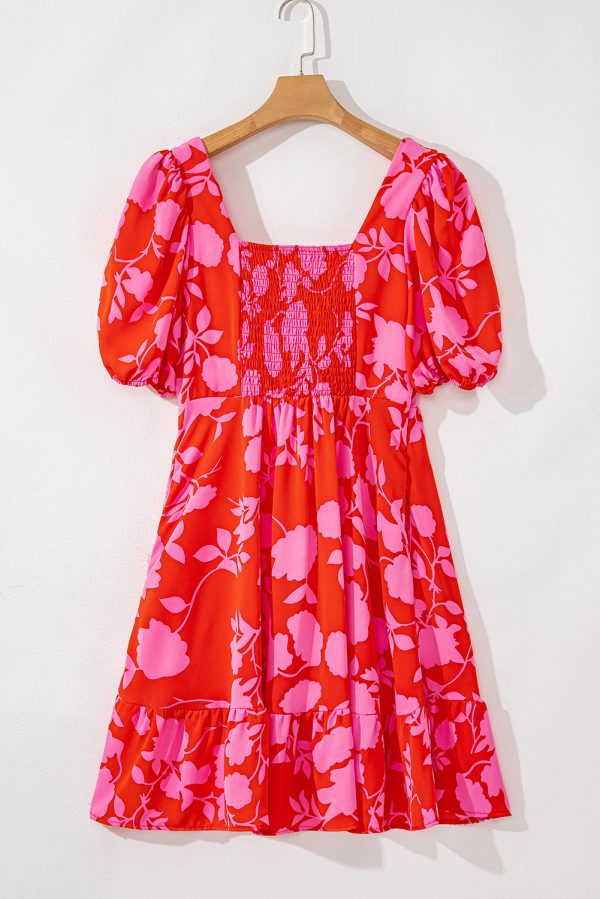 Red Floral Bubble Sleeve Sweetheart Neck Ruffled Mini Dress - Image 5