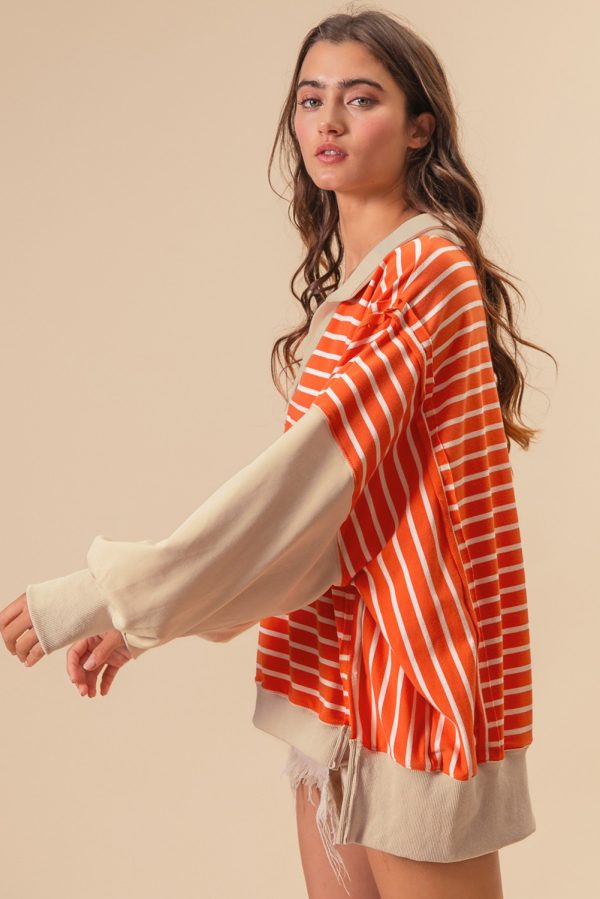 Orange Stripe Color Block Loose Fit Collared Drop Shoulder Sweatshirt - Image 6