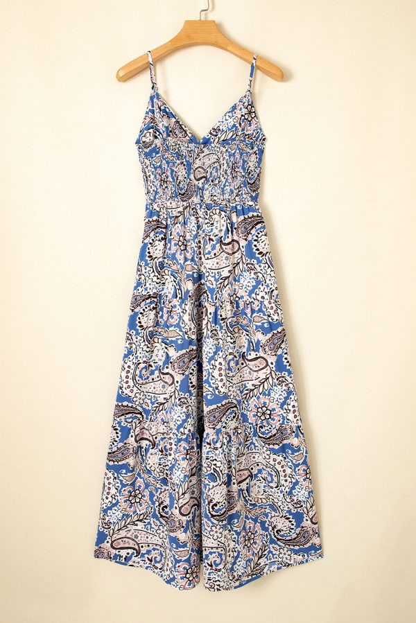 Blue Paisley Print Twist Detail Smocked Back Spaghetti Straps Long Dress - Image 3