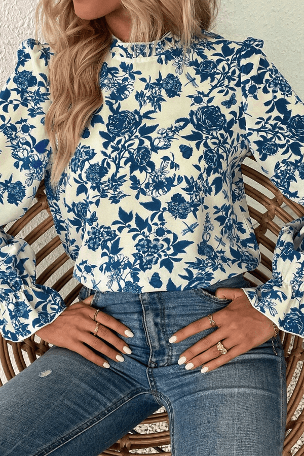 Sky Blue Floral Print Flounce Sleeve Keyhole Back Blouse - Image 3