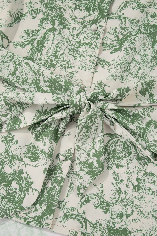 Green Landscape Print Tied 3/4 Sleeve Shirt with Sash - Image 10