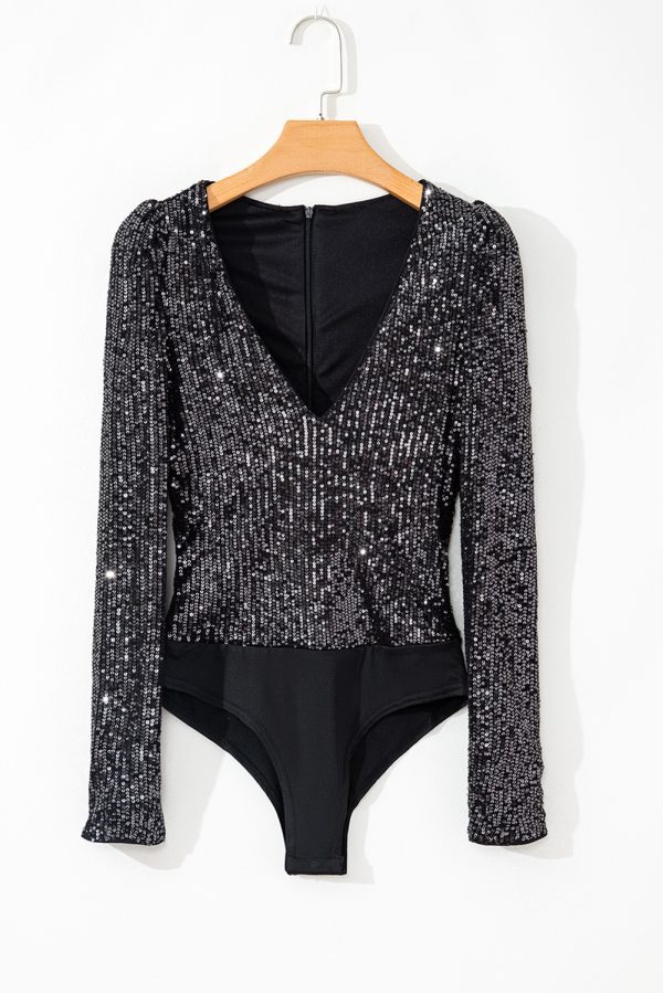 Black Sequin V Neck Zipped Long Sleeve Bodysuit - Image 5