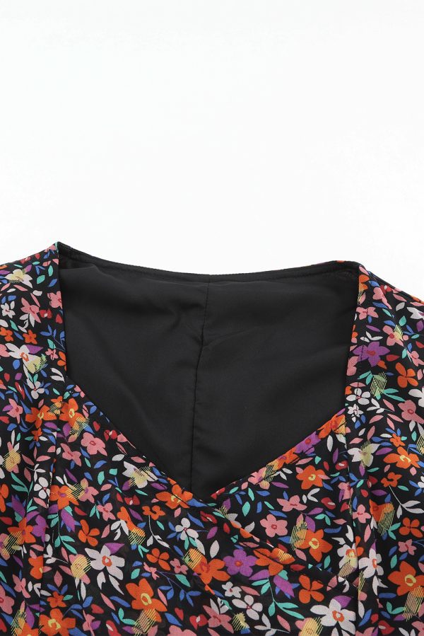 Black V Neck Bubble Sleeve Floral Blouse - Image 7