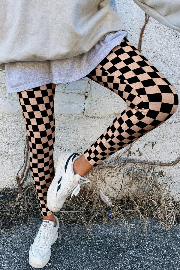 Khaki Checkered Pattern High Waist Skinny Leggings - Image 2