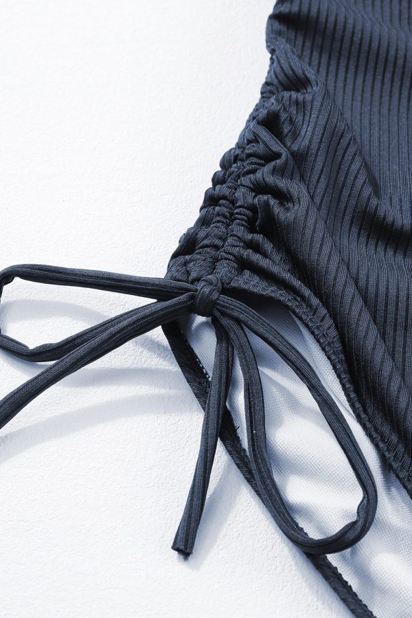 Navy Blue Ribbed Drawstring Sides Cutout One Piece Swimsuit - Image 4