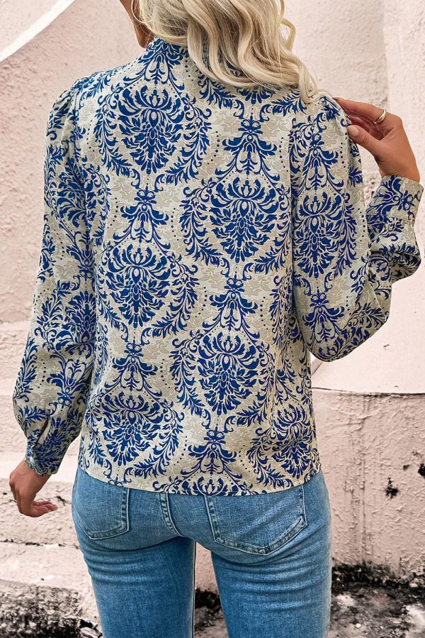 Sky Blue Bohemian Printed Bishop Sleeve Lace Shirt - Image 2