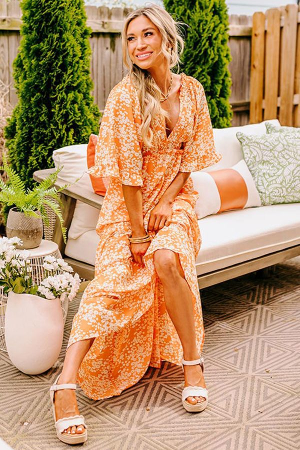 Orange Floral Print Smocked V Neck Wide Sleeve Maxi Dress - Image 6