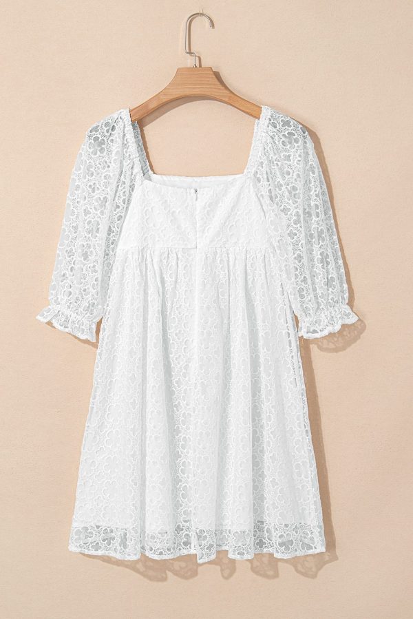 White Floral Lace Puff Sleeve Empire Waist Mini Dress - Image 6