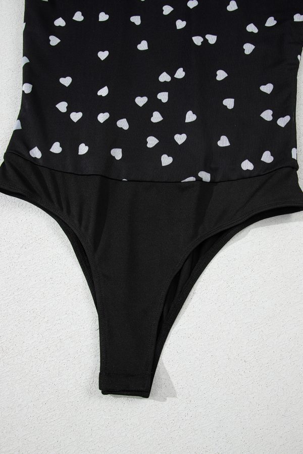 Black Heart Shape Mesh Patchwork Square Neck Bodysuit - Image 10