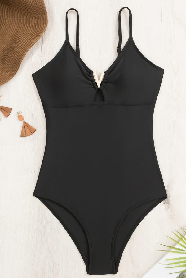 Black Spaghetti Straps Metal V Decor One-Piece Swimsuit - Image 4