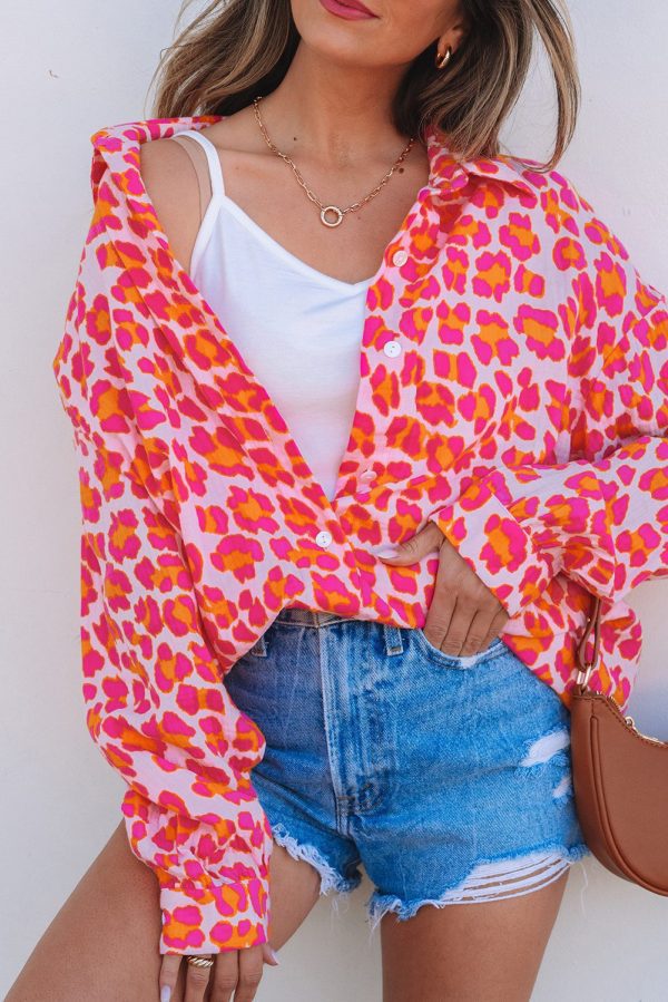 Rose Leopard Printed Button Up Loose Shirt - Image 4
