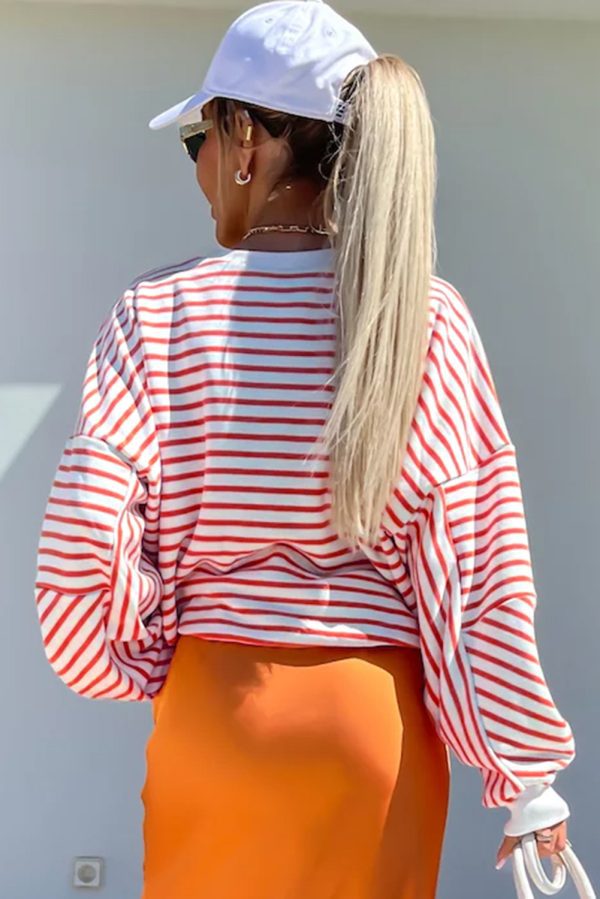 Orange Stripe Drop Shoulder Crew Neck Loose Sweatshirt - Image 6