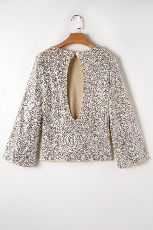 Silvery Sequin Puff Sleeve Cutout Back Blouse - Image 5