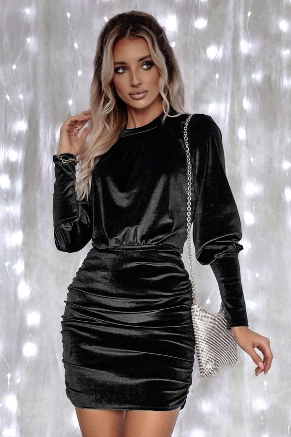Black Velvet Puff Sleeve Ruched Bodycon Dress - Image 3