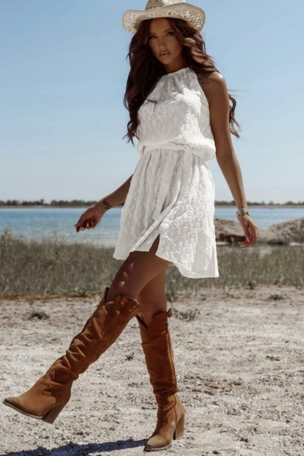 White Lace Sleeveless Knot Hollow Out Back Tied Waist Mini Dress - Image 7