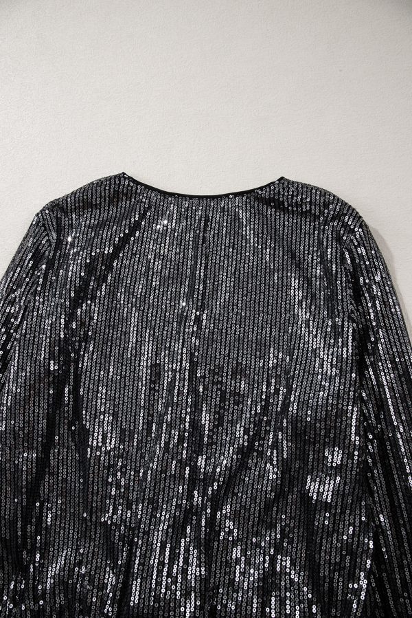 Black Sequin Mesh Long Sleeve Surplice Neck Bodysuit - Image 6