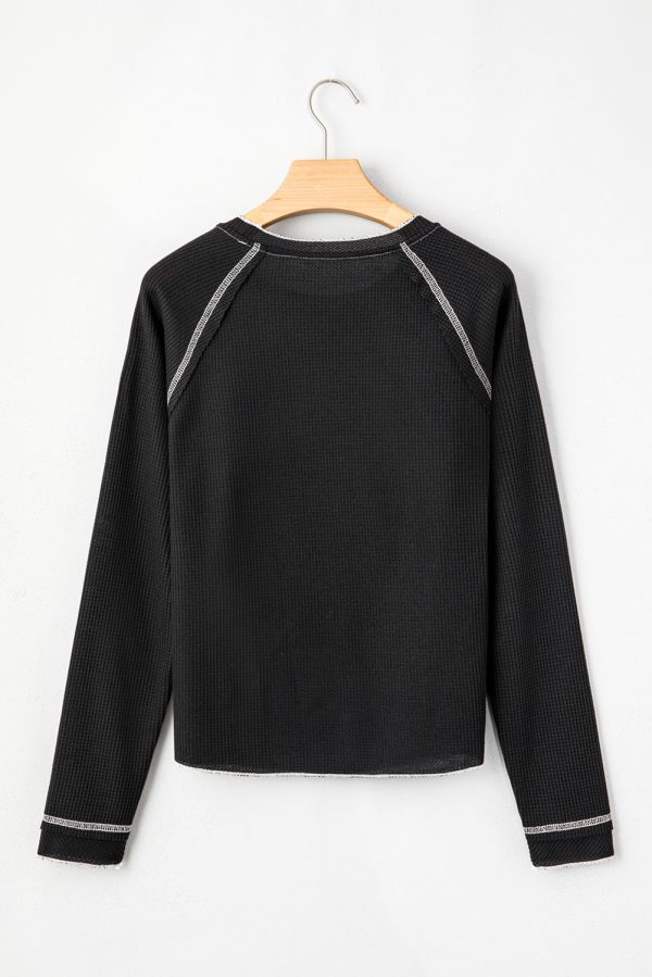Black Textured Round Neck Long Sleeve Top - Image 5