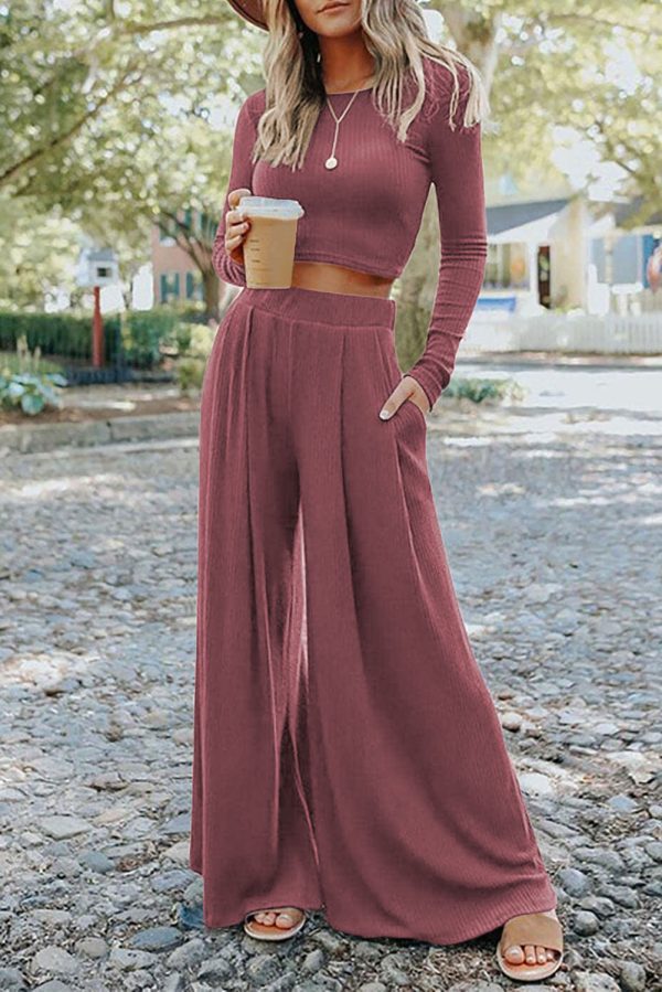 Black Solid Color Ribbed Crop Top Long Pants Set - Image 11