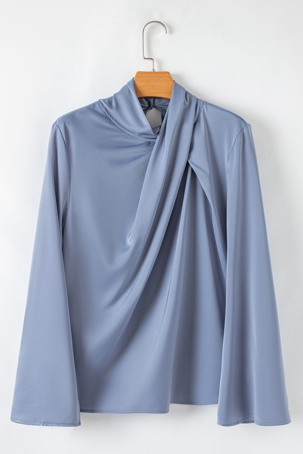 Ivy Asymmetric Pleated Turtleneck Bell Sleeve Blouse - Image 7
