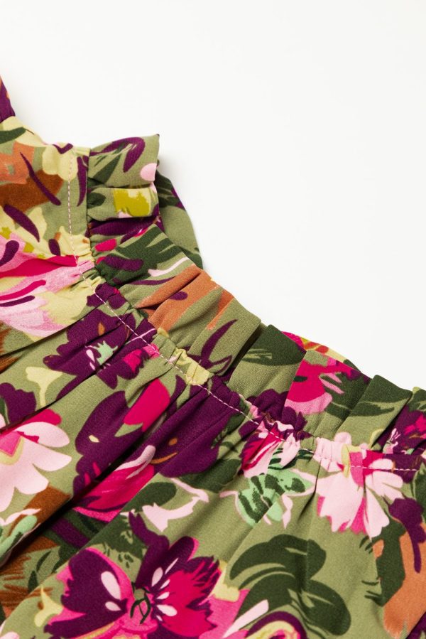 Green Floral Print Ruched Flutter Sleeve Frilled Neck Mini Dress - Image 11