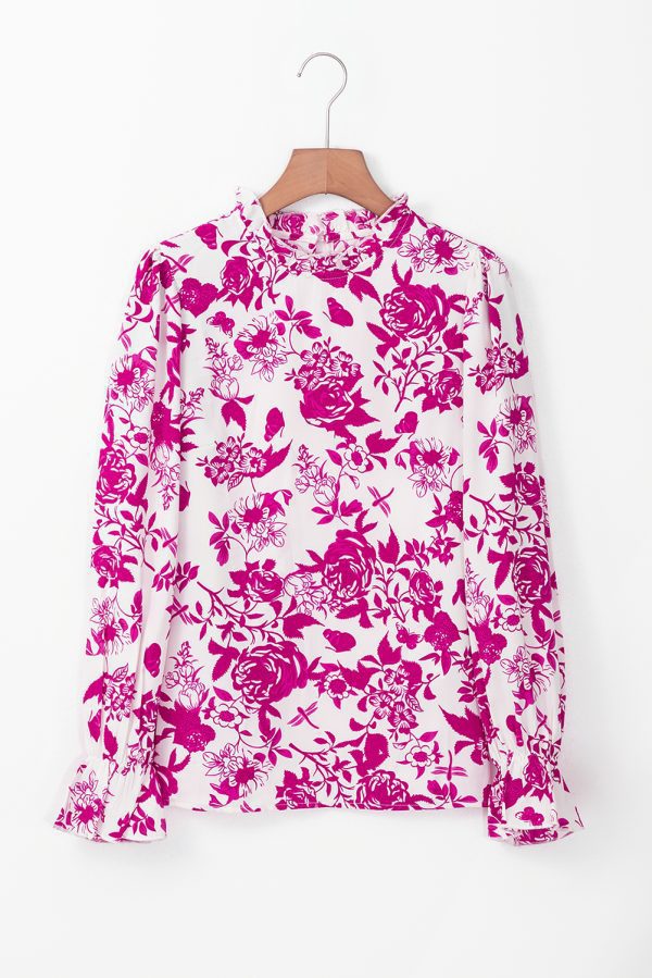 Sky Blue Floral Print Flounce Sleeve Keyhole Back Blouse - Image 11